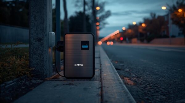 Lectron V2 portable EV charger plugged into roadside outlet