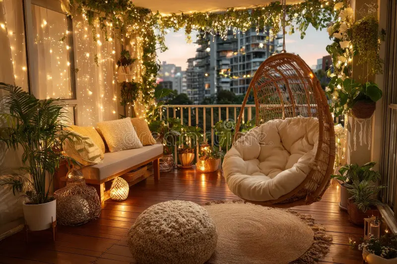 Işık zincirleriyle akşam vakti sıcak ve davetkar bir hava yakalanmış balkon.