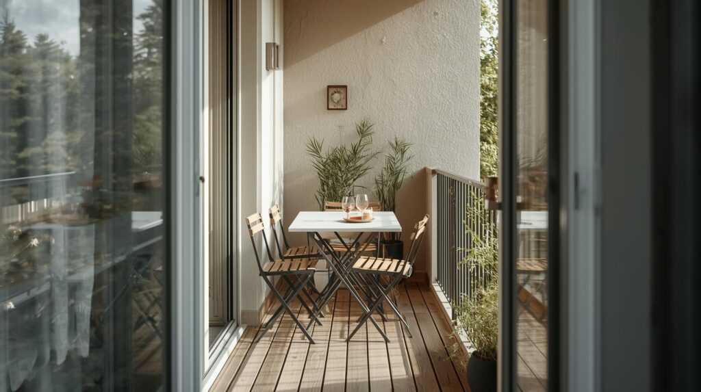 Katlanabilir masa ve sandalye ile pratik dar balkon düzeni