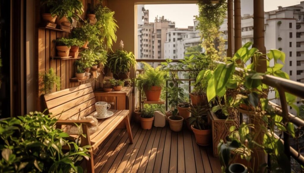 Raflar ve asma saksılarla dolu, yeşillikle hareketlenmiş bir balkon köşesi.