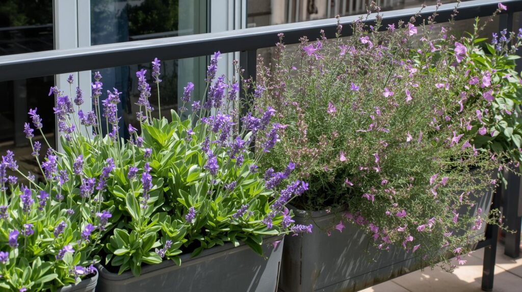 Rüzgara dayanıklı aromatik bitkiler balkonda. Lavanta ve kekik gibi türler doğal koruma sağlar.